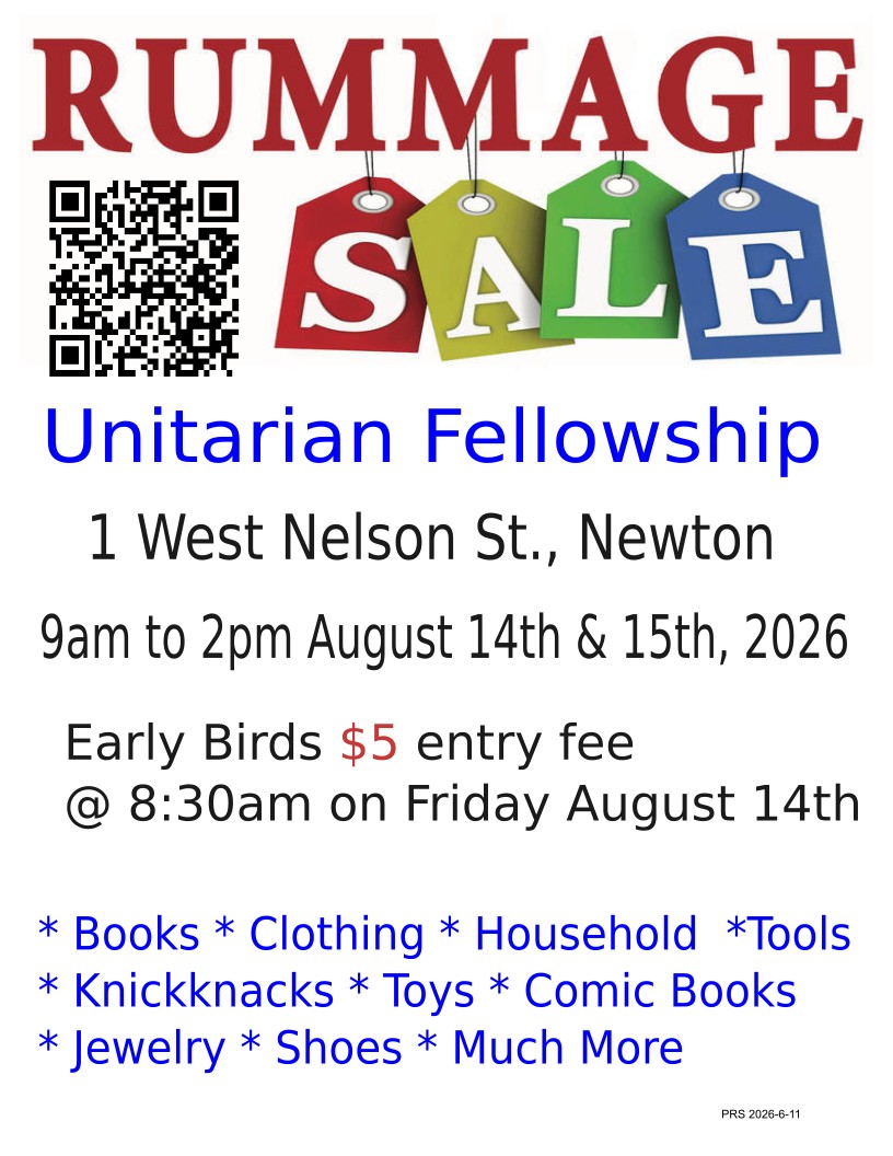 1 West Nelson St., Newton
9am to 2pm August 14th & 15th, 2026
Early Birds $5 entry fee
@ 8:30am on Friday August 14th
* Books * Clothing * Household *Tools
* Knickknacks * Toys * Comic Books
* Jewelry * Shoes * Much More